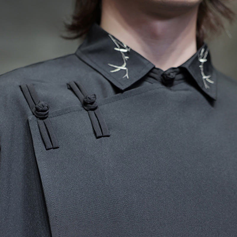 Camisa de manga larga para hombre con diseño de rana china, color puro y bordado con Buddha Stones y solapa. - image 9