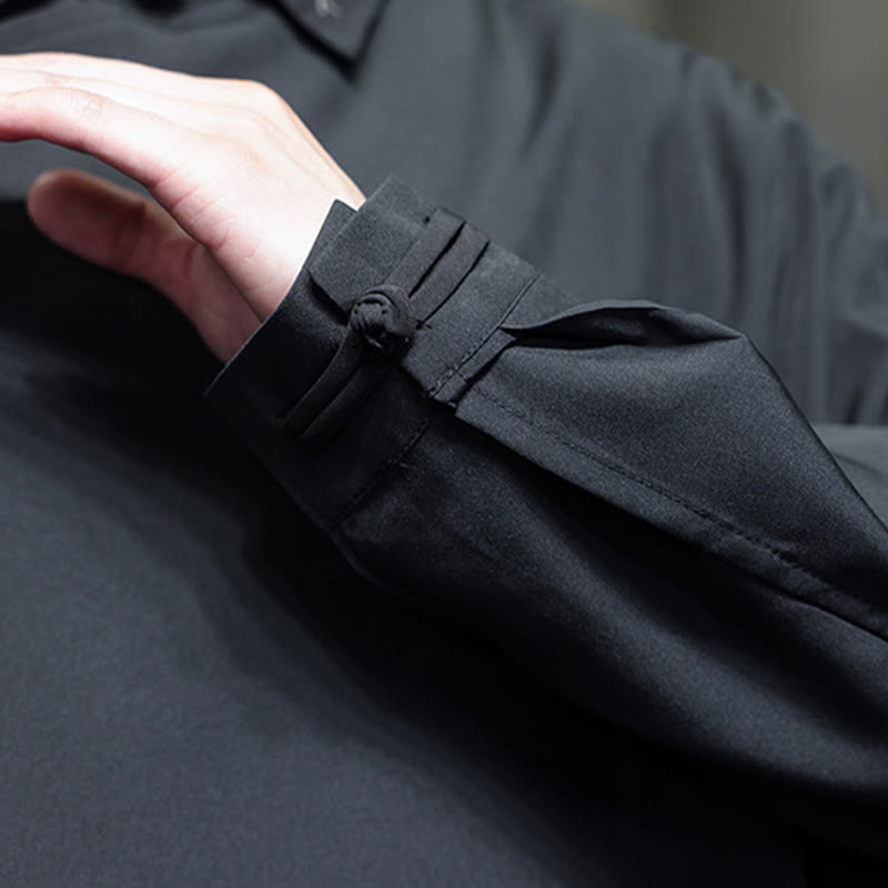 Camisa de manga larga para hombre con diseño de rana china, color puro y bordado con Buddha Stones y solapa. - image 12