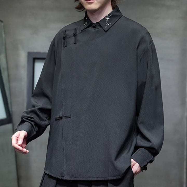 Camisa de manga larga para hombre con diseño de rana china, color puro y bordado con Buddha Stones y solapa. - image 2