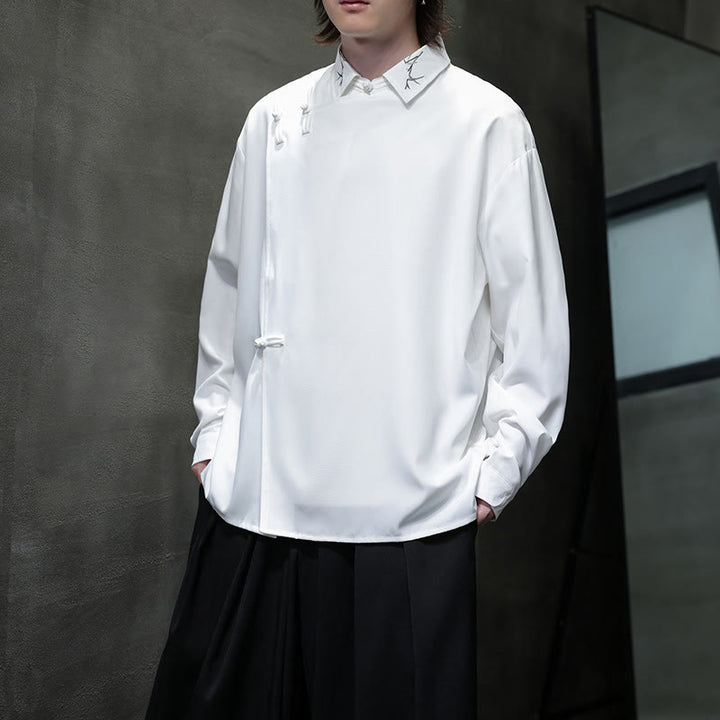 Camisa de manga larga para hombre con diseño de rana china, color puro y bordado con Buddha Stones y solapa. - image 19