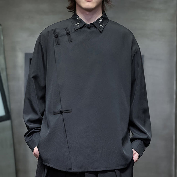 Camisa de manga larga para hombre con diseño de rana china, color puro y bordado con Buddha Stones y solapa. - Negro - US/UK/AU46, EU56 (5XL) - image 0