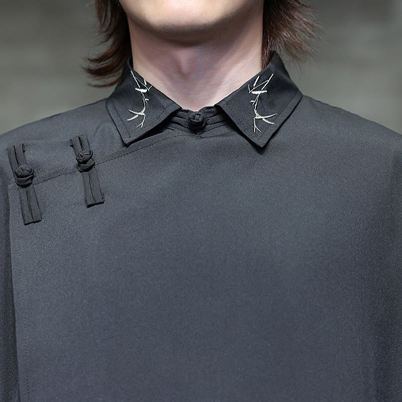 Camisa de manga larga para hombre con diseño de rana china, color puro y bordado con Buddha Stones y solapa. - image 10