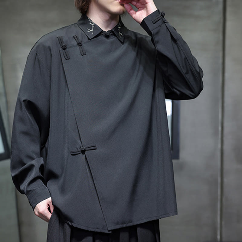 Camisa de manga larga para hombre con diseño de rana china, color puro y bordado con Buddha Stones y solapa. - image 4