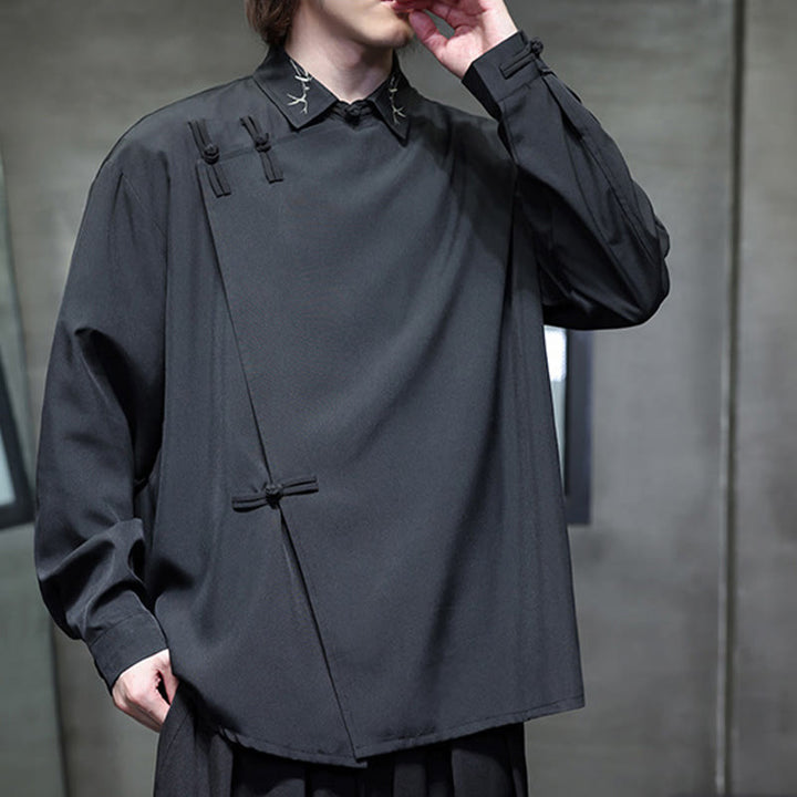 Camisa de manga larga para hombre con diseño de rana china, color puro y bordado con Buddha Stones y solapa. - image 4