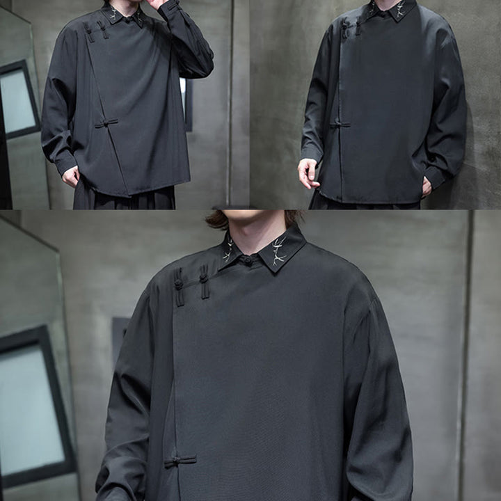 Camisa de manga larga para hombre con diseño de rana china, color puro y bordado con Buddha Stones y solapa. - image 13