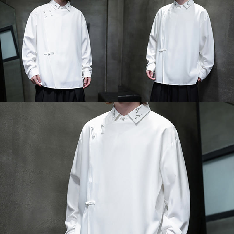 Camisa de manga larga para hombre con diseño de rana china, color puro y bordado con Buddha Stones y solapa. - image 21