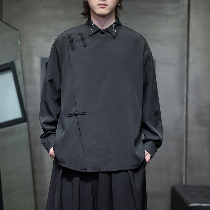 Camisa de manga larga para hombre con diseño de rana china, color puro y bordado con Buddha Stones y solapa. - image 5