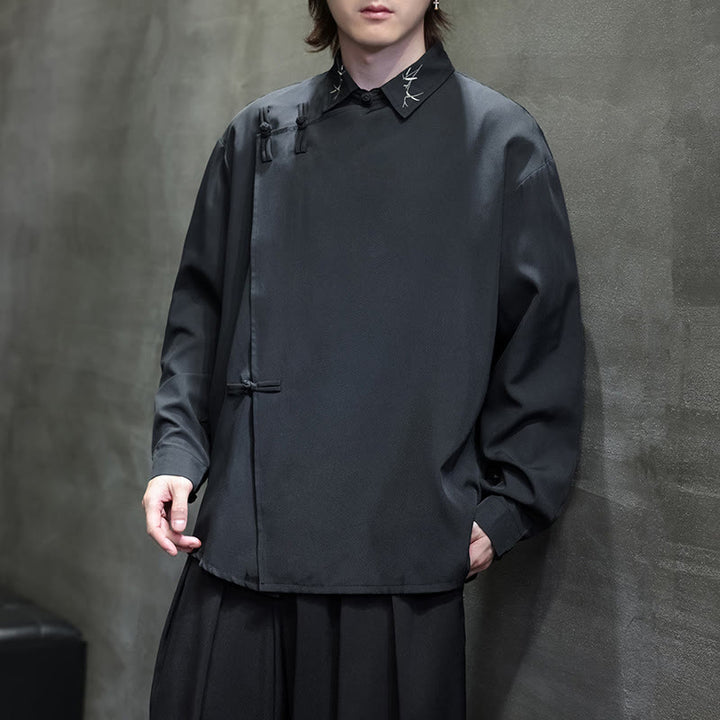 Camisa de manga larga para hombre con diseño de rana china, color puro y bordado con Buddha Stones y solapa. - image 6