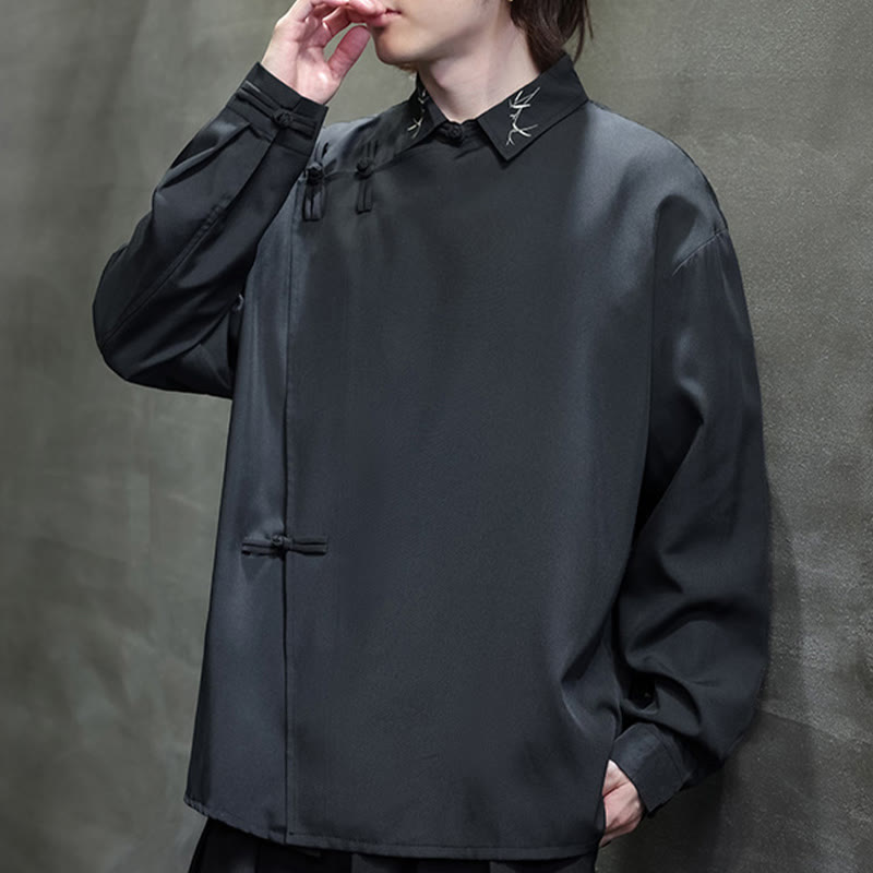 Camisa de manga larga para hombre con diseño de rana china, color puro y bordado con Buddha Stones y solapa. - image 3