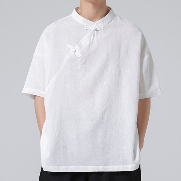 Camisa de lino y algodón de manga corta para hombre, diseño retro de Buddha Stones , de color puro - image 16