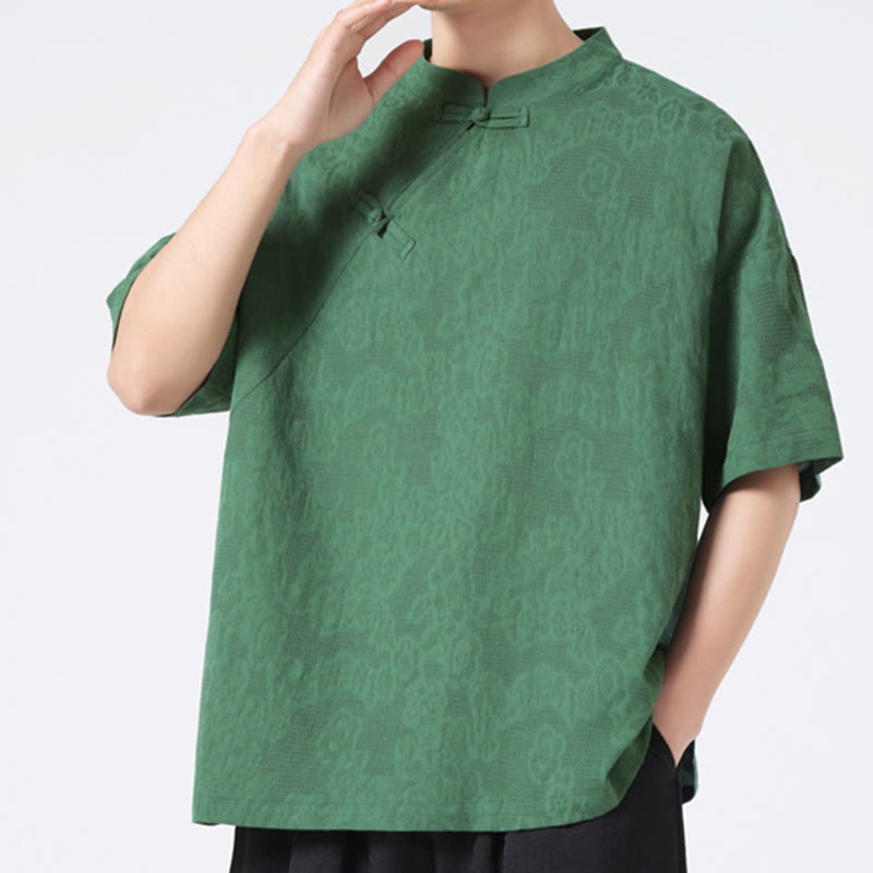 Camisa de lino y algodón de manga corta para hombre, diseño retro de Buddha Stones , de color puro - image 2
