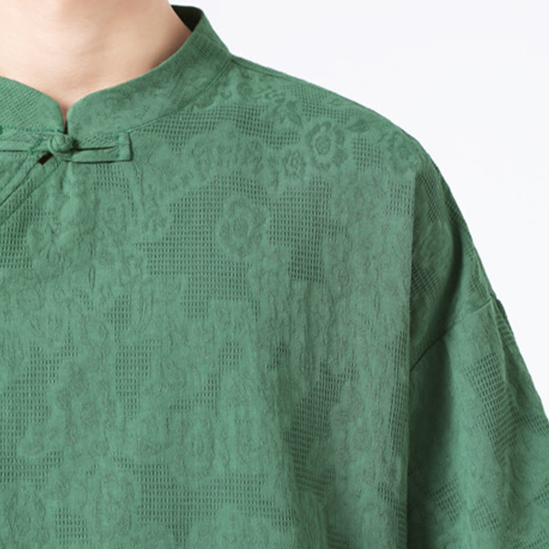Camisa de lino y algodón de manga corta para hombre, diseño retro de Buddha Stones , de color puro - image 9