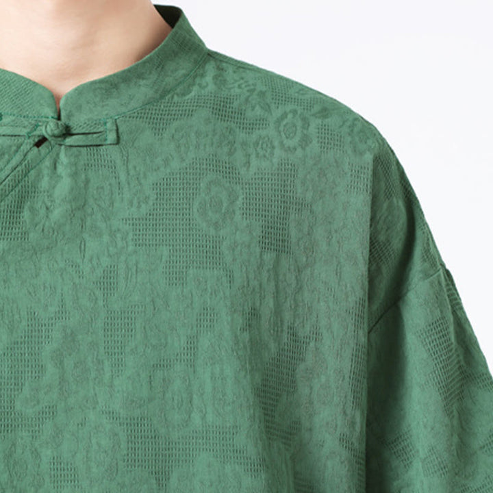 Camisa de lino y algodón de manga corta para hombre, diseño retro de Buddha Stones , de color puro - image 9