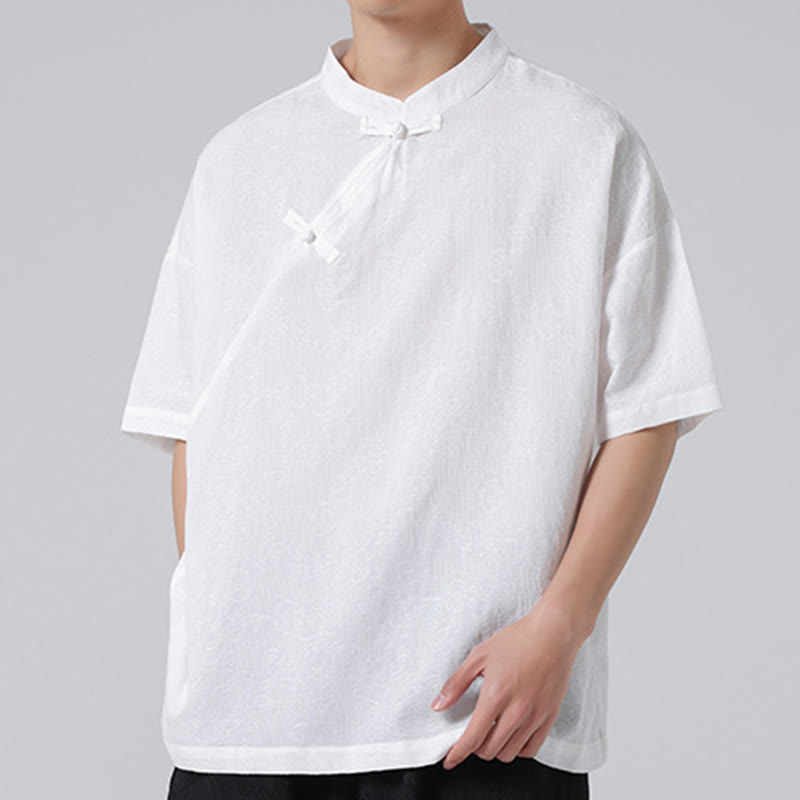 Camisa de lino y algodón de manga corta para hombre, diseño retro de Buddha Stones , de color puro - image 21