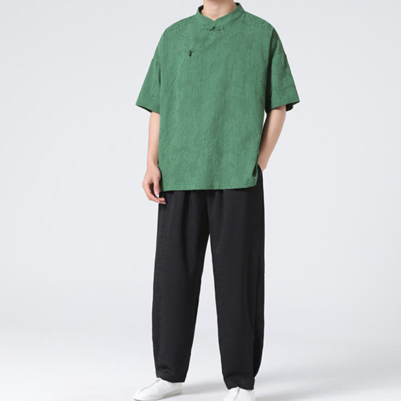 Camisa de lino y algodón de manga corta para hombre, diseño retro de Buddha Stones , de color puro - image 7