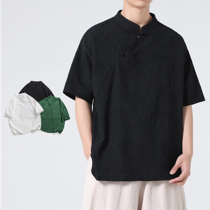 Camisa de lino y algodón de manga corta para hombre, diseño retro de Buddha Stones , de color puro - image 25