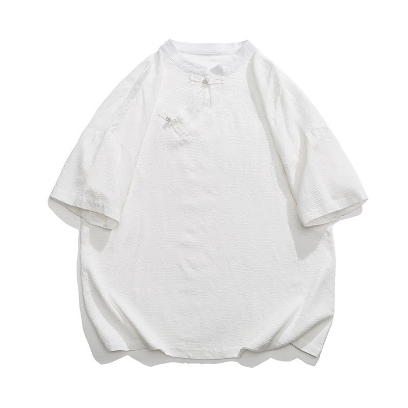 Camisa de lino y algodón de manga corta para hombre, diseño retro de Buddha Stones , de color puro - Blanco - US/UK/AU46, EU56 (5XL) - image 14