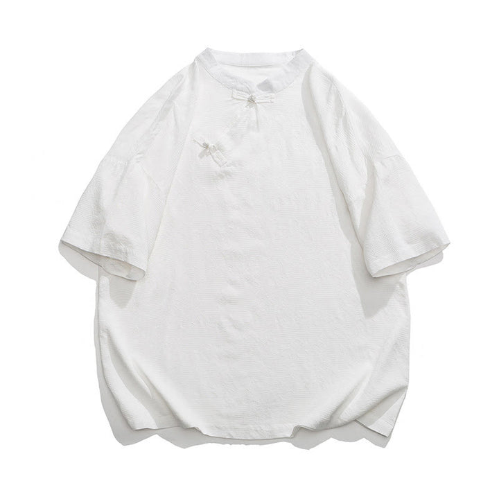 Camisa de lino y algodón de manga corta para hombre, diseño retro de Buddha Stones , de color puro - Blanco - US/UK/AU46, EU56 (5XL) - image 14