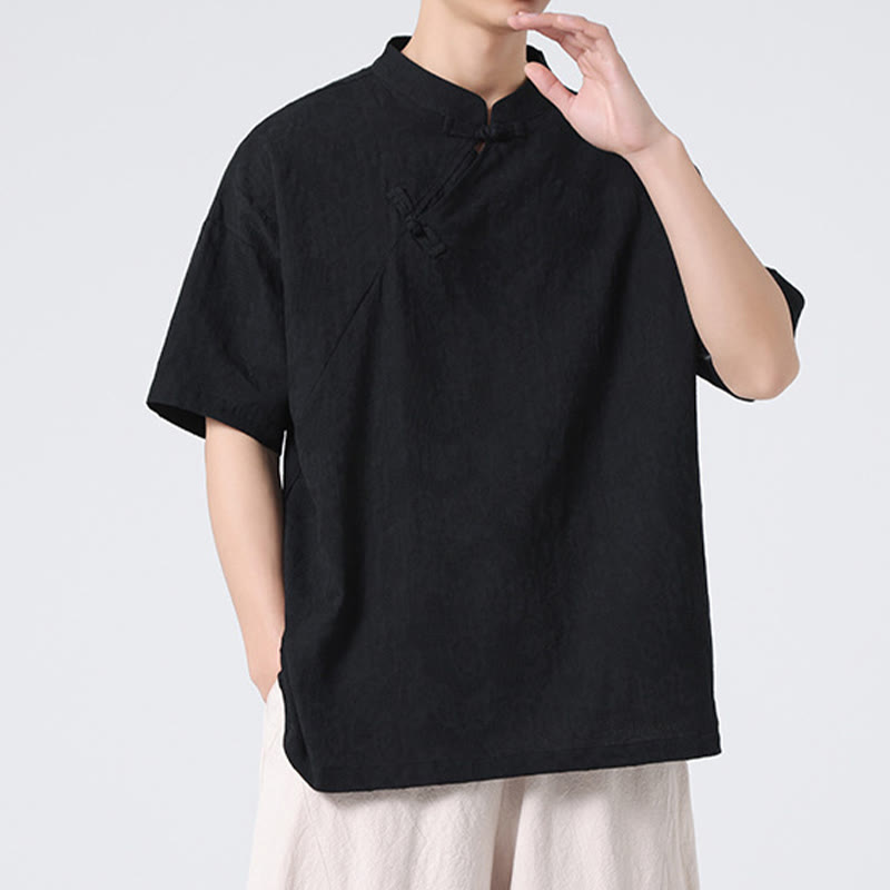 Camisa de lino y algodón de manga corta para hombre, diseño retro de Buddha Stones , de color puro - image 27