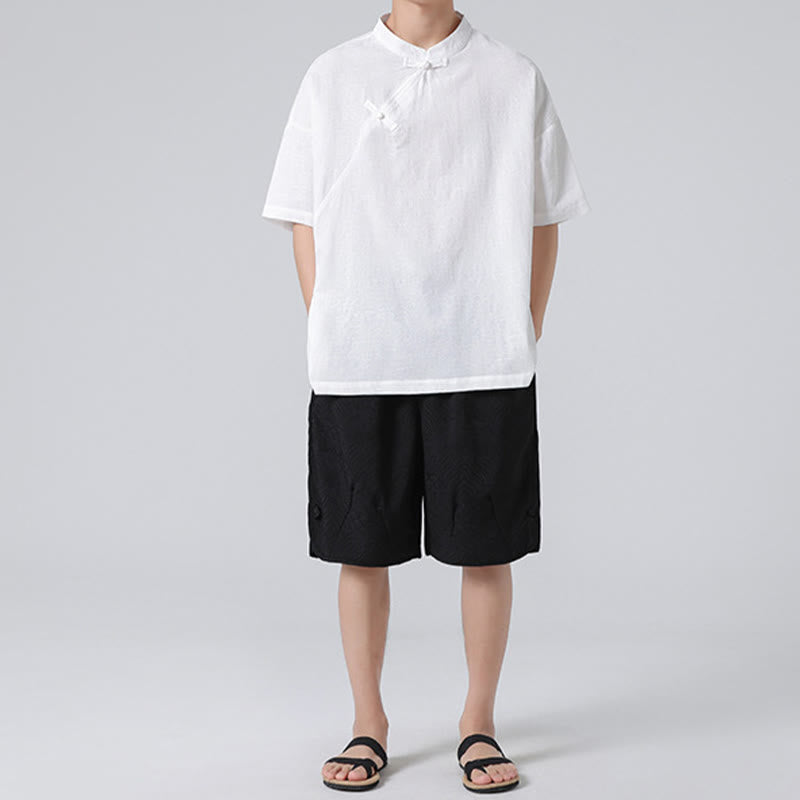 Camisa de lino y algodón de manga corta para hombre, diseño retro de Buddha Stones , de color puro - image 23
