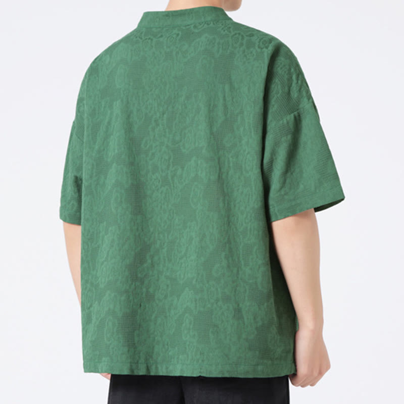 Camisa de lino y algodón de manga corta para hombre, diseño retro de Buddha Stones , de color puro - image 4
