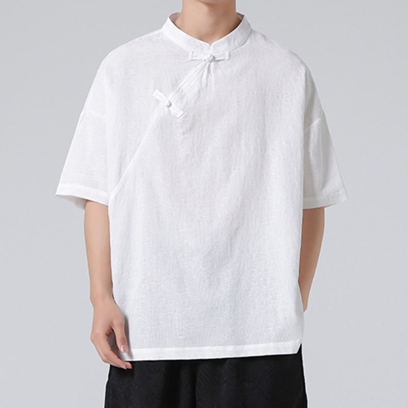 Camisa de lino y algodón de manga corta para hombre, diseño retro de Buddha Stones , de color puro - image 19