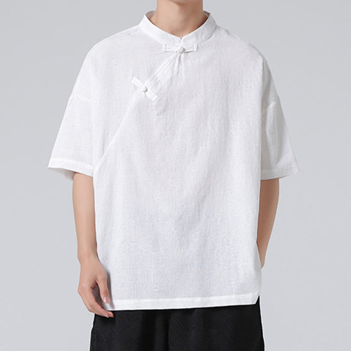 Camisa de lino y algodón de manga corta para hombre, diseño retro de Buddha Stones , de color puro - image 19