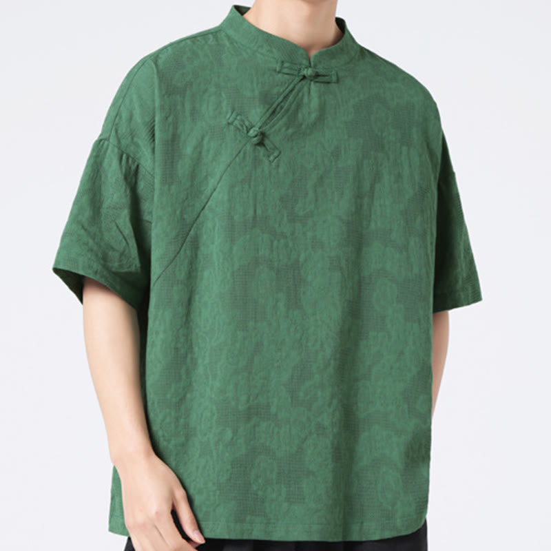 Camisa de lino y algodón de manga corta para hombre, diseño retro de Buddha Stones , de color puro - image 5