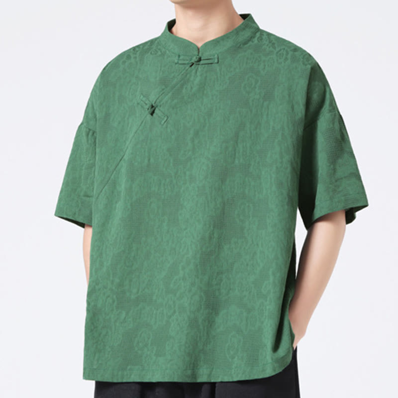 Camisa de lino y algodón de manga corta para hombre, diseño retro de Buddha Stones , de color puro - image 3