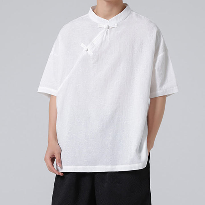 Camisa de lino y algodón de manga corta para hombre, diseño retro de Buddha Stones , de color puro - image 18