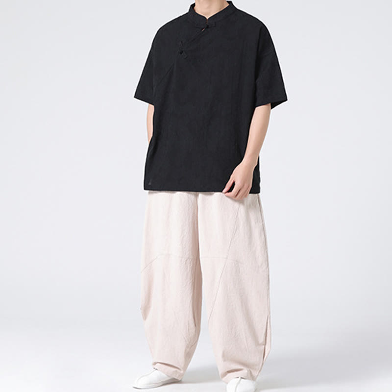 Camisa de lino y algodón de manga corta para hombre, diseño retro de Buddha Stones , de color puro - image 32