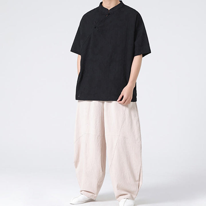 Camisa de lino y algodón de manga corta para hombre, diseño retro de Buddha Stones , de color puro - image 32