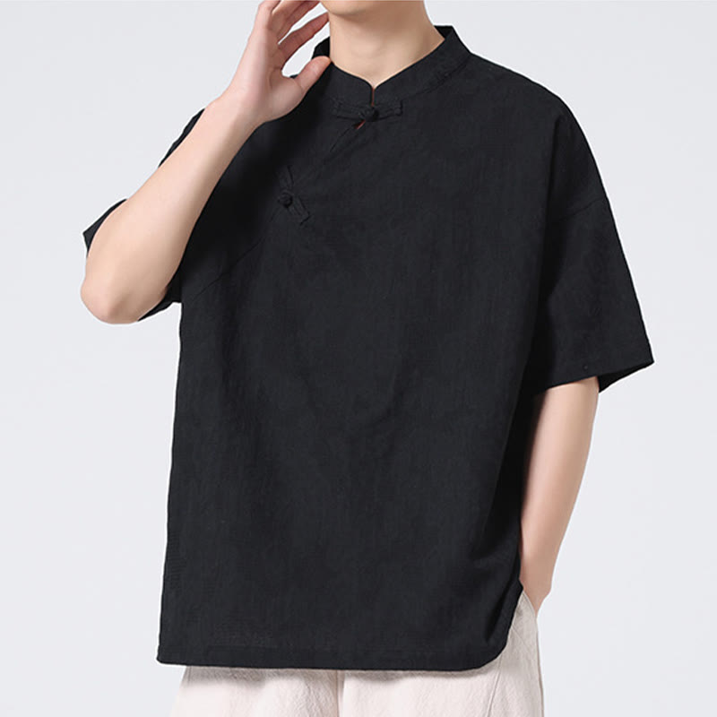 Camisa de lino y algodón de manga corta para hombre, diseño retro de Buddha Stones , de color puro - image 26