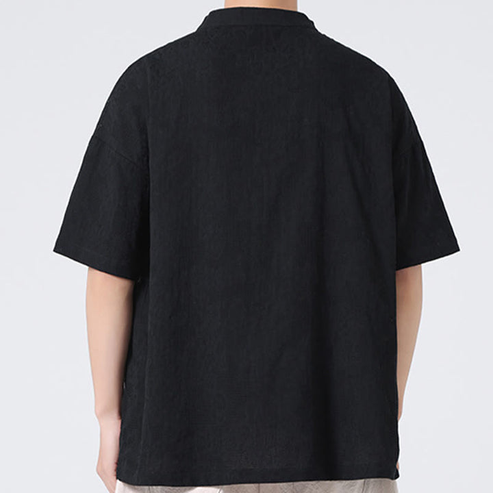 Camisa de lino y algodón de manga corta para hombre, diseño retro de Buddha Stones , de color puro - image 29