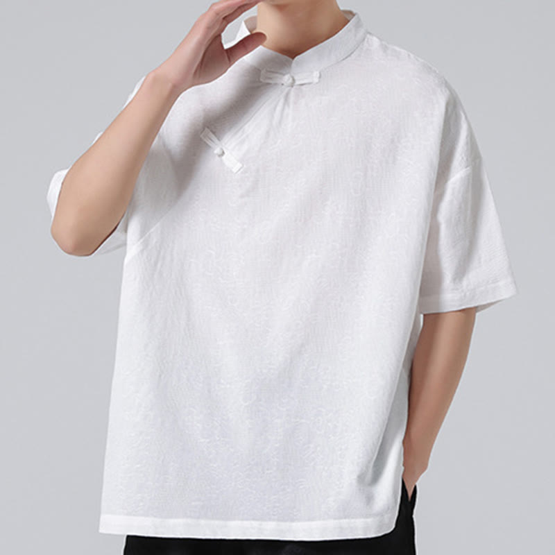 Camisa de lino y algodón de manga corta para hombre, diseño retro de Buddha Stones , de color puro - image 20