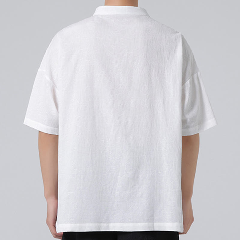 Camisa de lino y algodón de manga corta para hombre, diseño retro de Buddha Stones , de color puro - image 17