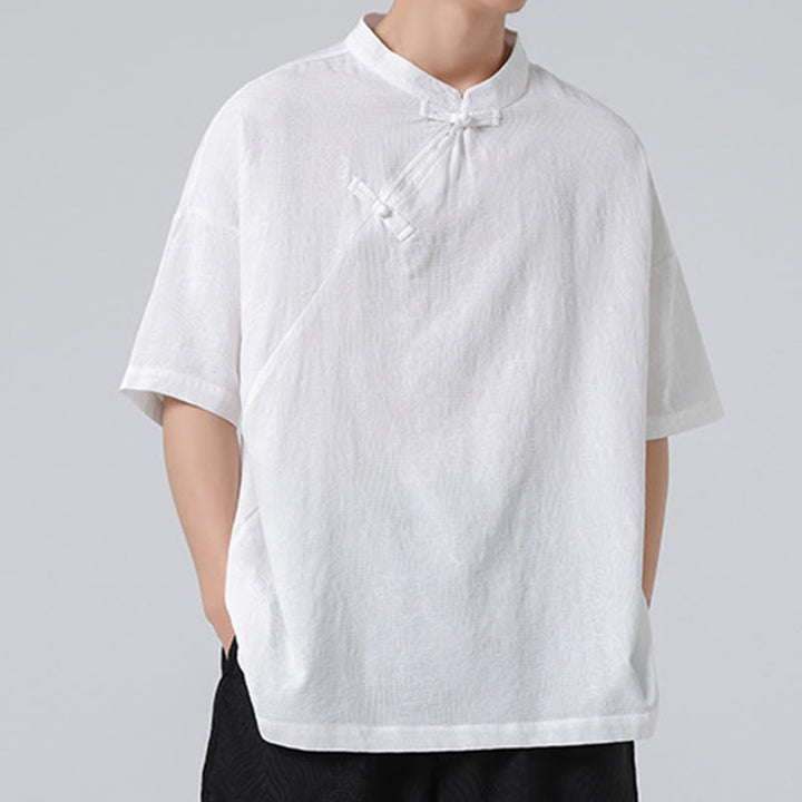 Camisa de lino y algodón de manga corta para hombre, diseño retro de Buddha Stones , de color puro - image 22