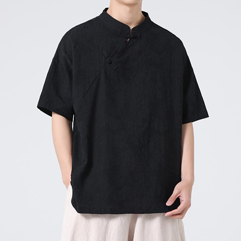 Camisa de lino y algodón de manga corta para hombre, diseño retro de Buddha Stones , de color puro - image 31