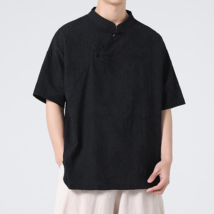 Camisa de lino y algodón de manga corta para hombre, diseño retro de Buddha Stones , de color puro - image 31
