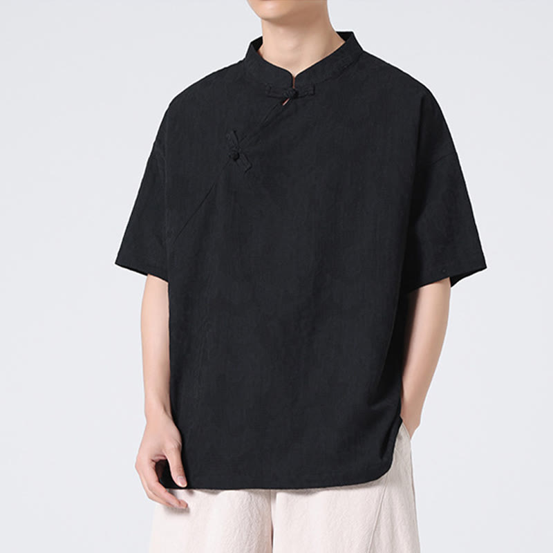 Camisa de lino y algodón de manga corta para hombre, diseño retro de Buddha Stones , de color puro - image 30