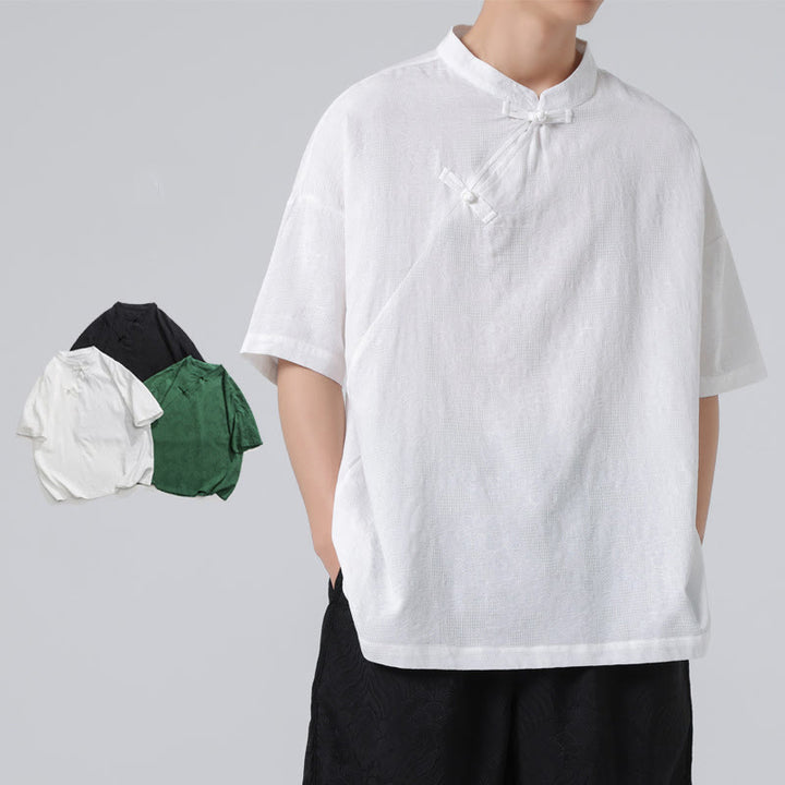 Camisa de lino y algodón de manga corta para hombre, diseño retro de Buddha Stones , de color puro - image 15