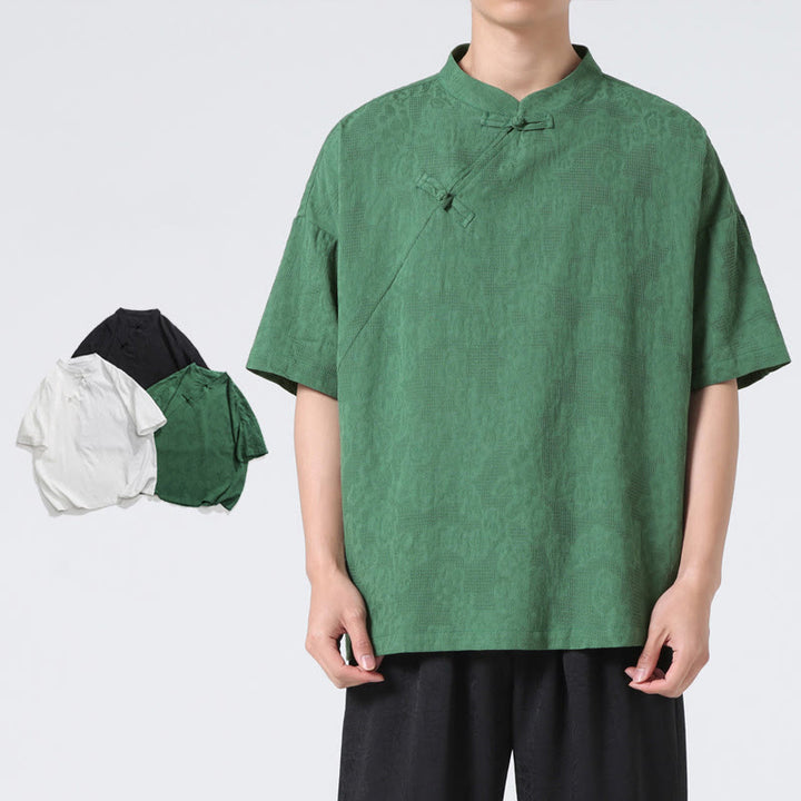 Camisa de lino y algodón de manga corta para hombre, diseño retro de Buddha Stones , de color puro - image 6
