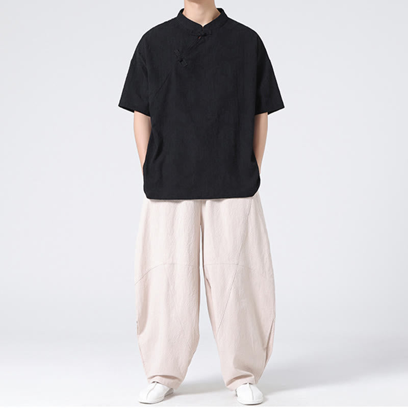 Camisa de lino y algodón de manga corta para hombre, diseño retro de Buddha Stones , de color puro - image 33