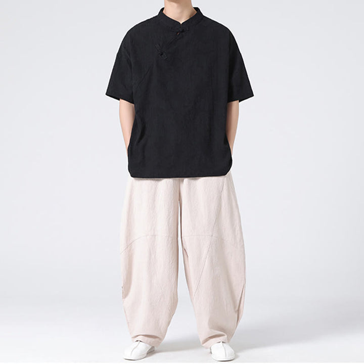 Camisa de lino y algodón de manga corta para hombre, diseño retro de Buddha Stones , de color puro - image 33