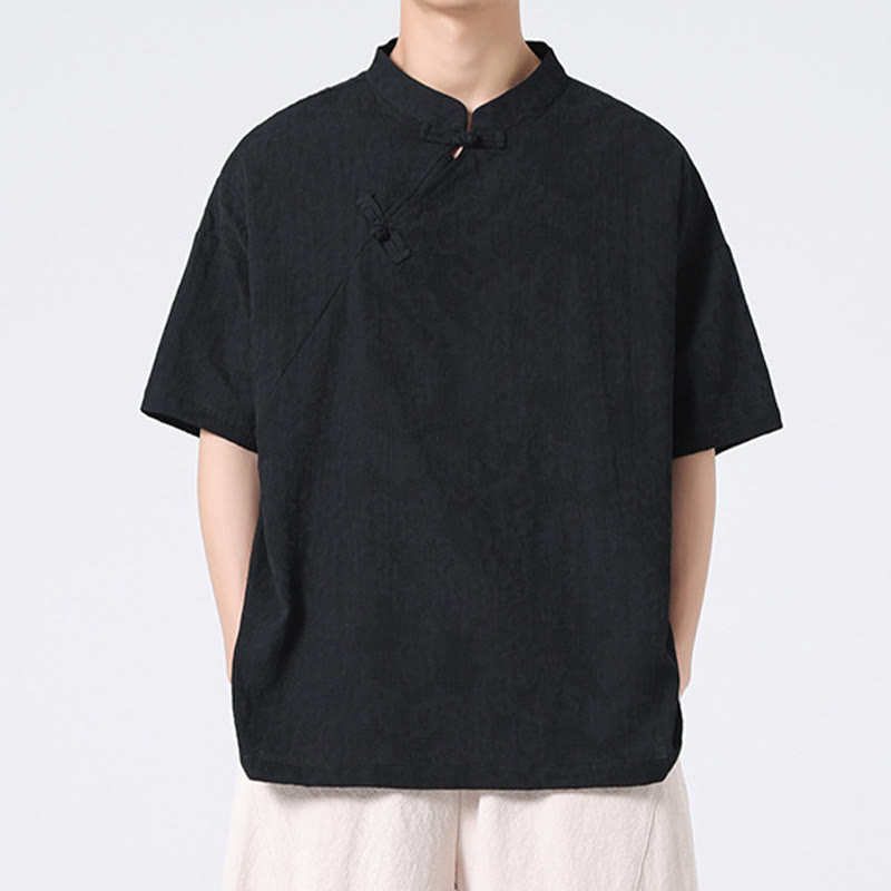 Camisa de lino y algodón de manga corta para hombre, diseño retro de Buddha Stones , de color puro - image 28