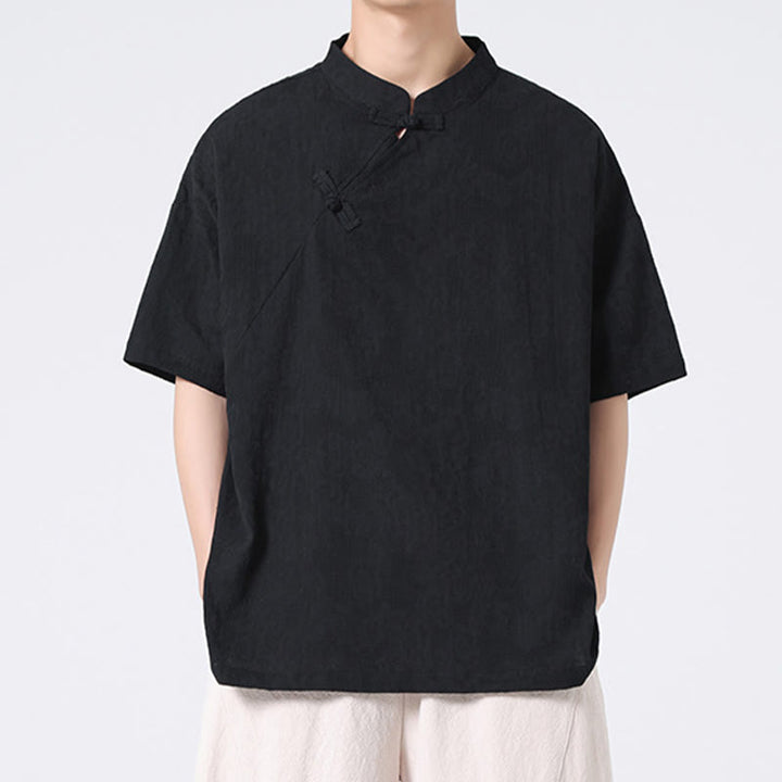 Camisa de lino y algodón de manga corta para hombre, diseño retro de Buddha Stones , de color puro - image 28