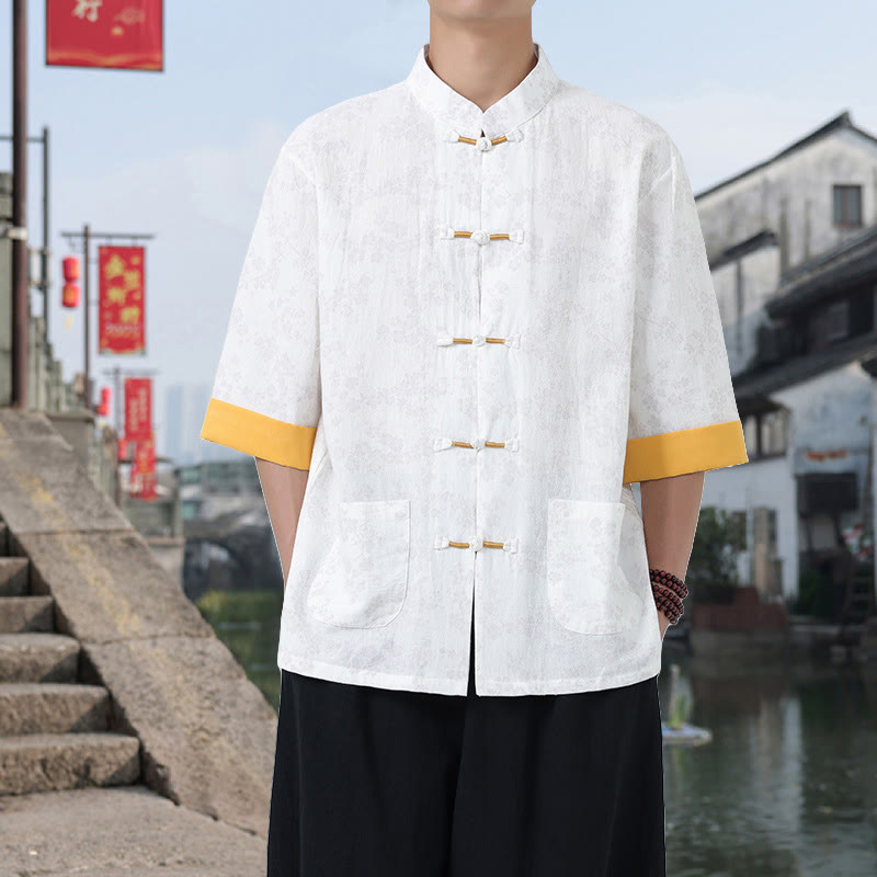 Camisa de algodón para hombre, de media manga y cuello alto, con estampado retro de flores y botones de rana, con bolsillos y estampado de piedras de Buddha Stones - Blanco - US/UK/AU46, EU56 (5XL) - image 7