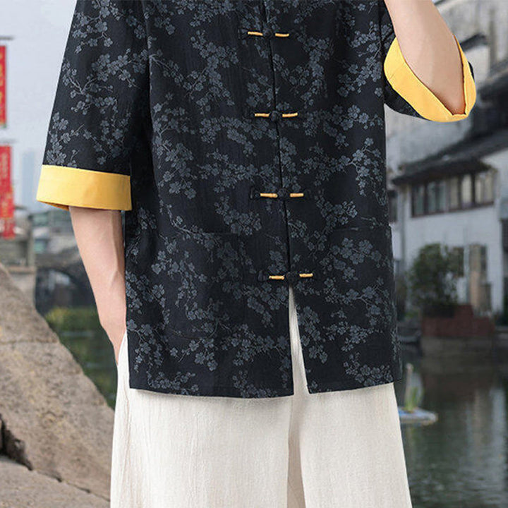 Camisa de algodón para hombre, de media manga y cuello alto, con estampado retro de flores y botones de rana, con bolsillos y estampado de piedras de Buddha Stones - image 3