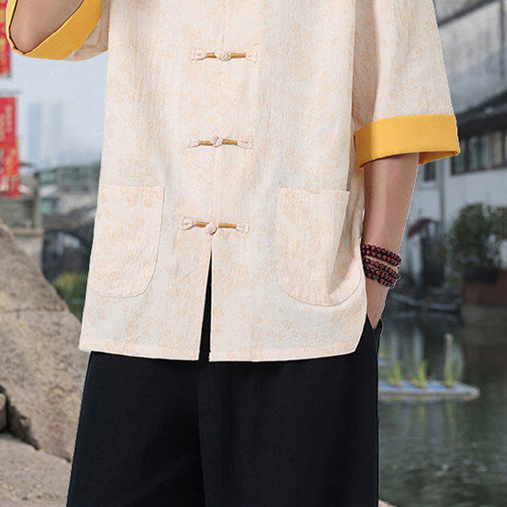 Camisa de algodón para hombre, de media manga y cuello alto, con estampado retro de flores y botones de rana, con bolsillos y estampado de piedras de Buddha Stones - image 16