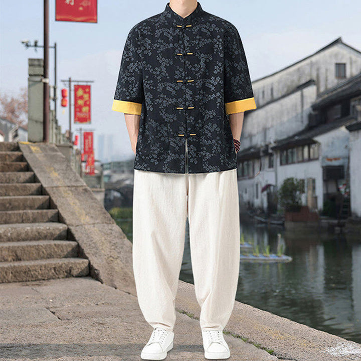 Camisa de algodón para hombre, de media manga y cuello alto, con estampado retro de flores y botones de rana, con bolsillos y estampado de piedras de Buddha Stones - image 6